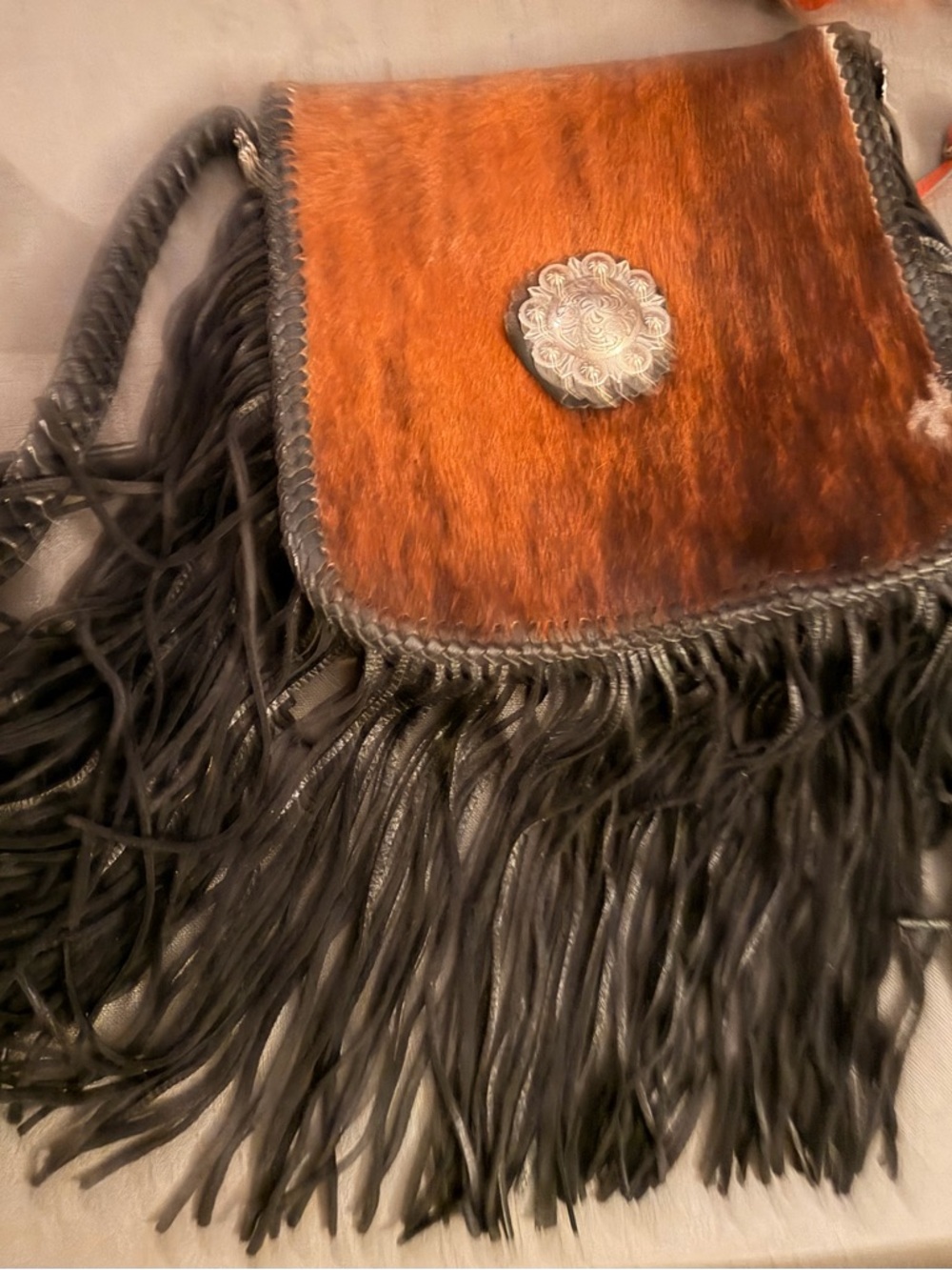 Rust Haircalf & Black Fringe Crossbody with Concho Detail